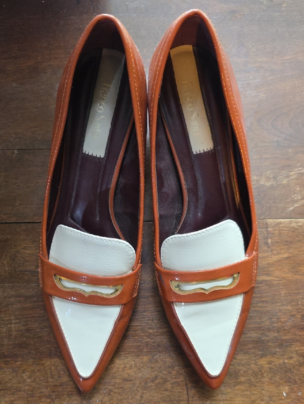 Franco Sarto Pointed Toe Two-Tone Leather Loafer Pumps- White & Cognac